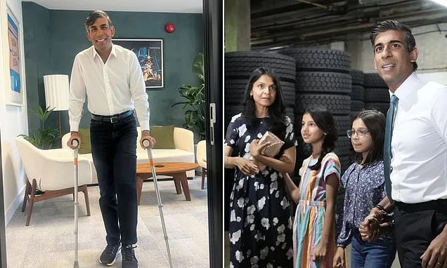 Rishi Sunak on Crutches After Skiing Injury Showing Off to Daughters