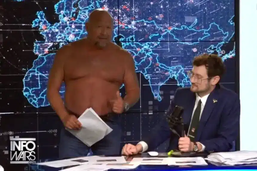 Shirtless Alex Jones Rages at Onion’s InfoWars Satire Takeover
