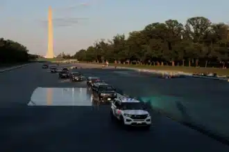 Trump Drives Through Reflecting Pool to Inspect Lincoln Memorial Renovation