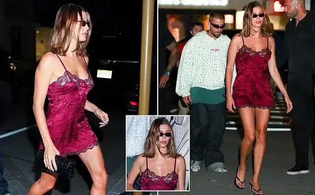 Hailey Bieber Dazzles in Red Slip Dress on NYC Dinner Date