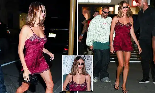 Hailey Bieber Dazzles in Red Slip Dress on NYC Dinner Date Hailey Bieber Dazzles in Red Slip Dress on NYC Dinner Date
