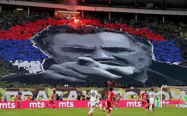 Red Star Belgrade Fans Display Ratko Mladic Tifo Before Derby